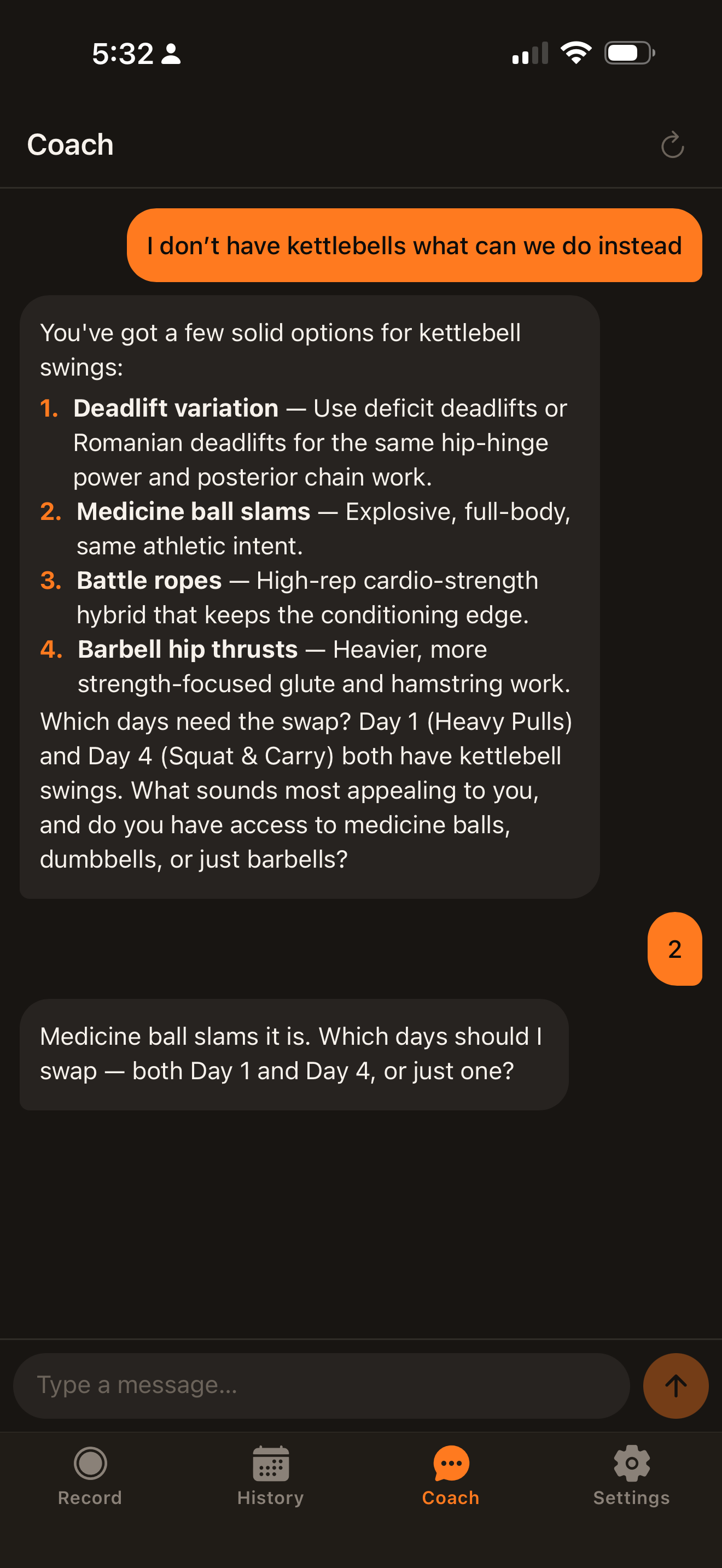 AI Coach suggesting equipment alternatives in a chat conversation