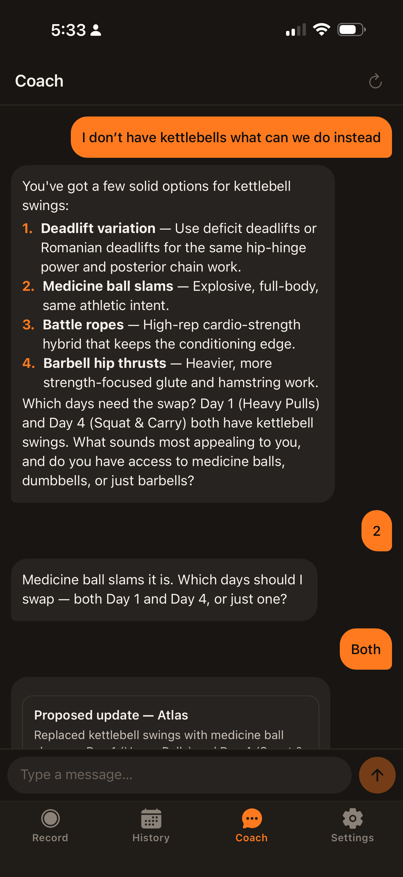 AI Coach proposing a routine update after the user says they have no kettlebells