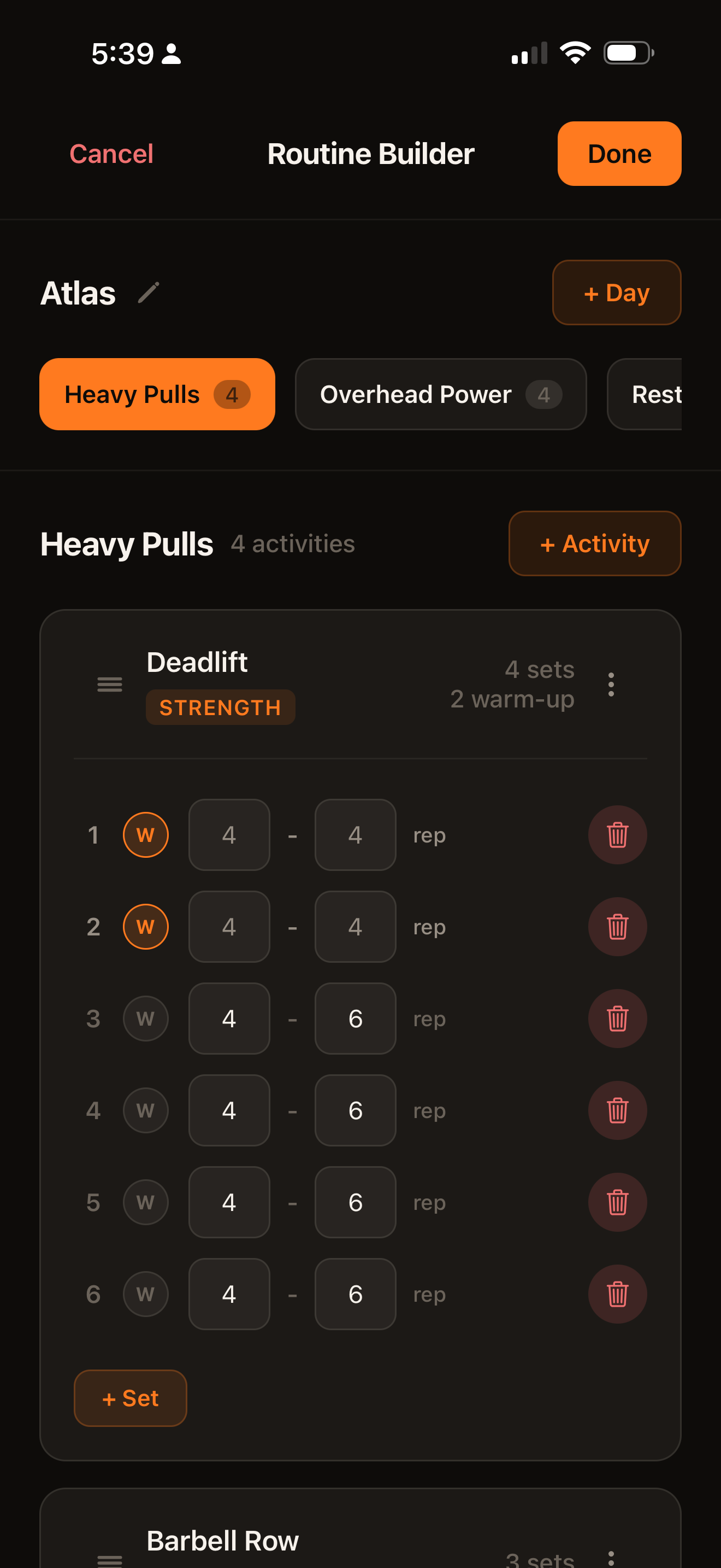 Routine builder editing days, exercises, sets, and warm-up sets