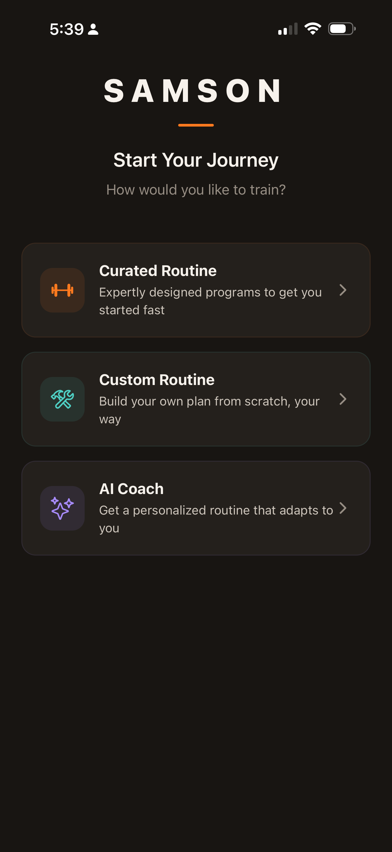 Start screen offering a curated routine, a custom routine, or an AI-coached plan