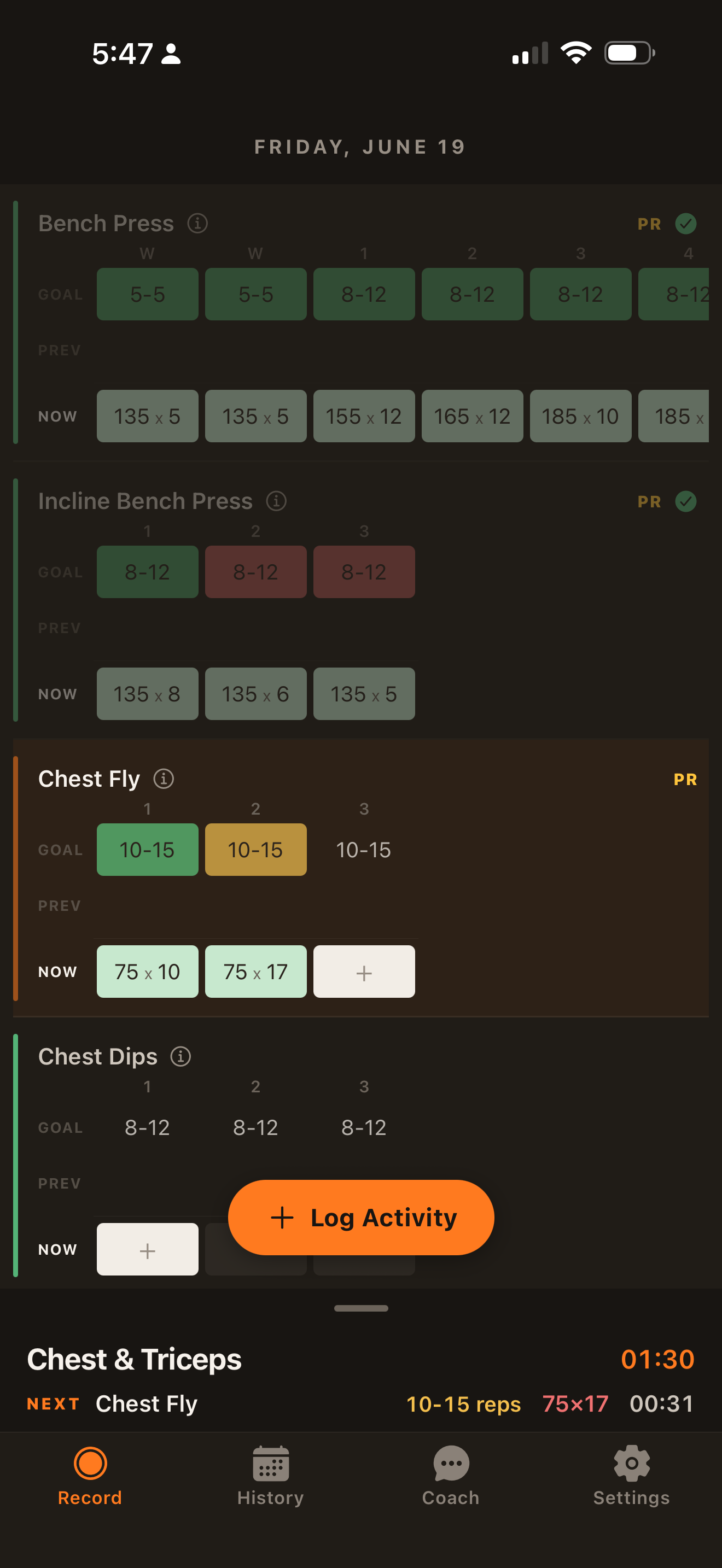 Samson showing today's planned workout — target sets, last session's numbers, and exactly what to lift next